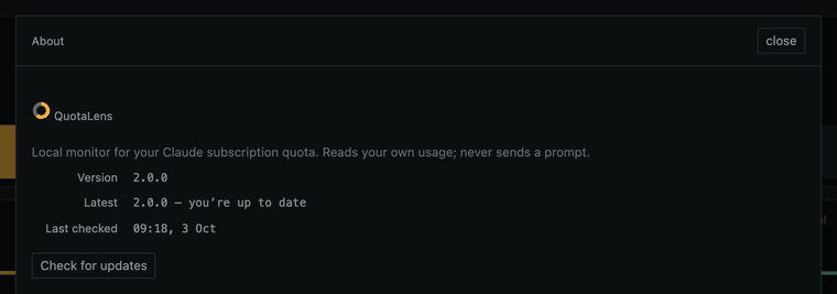 The About dialog: QuotaLens version 2.0.0, latest 2.0.0, you're up to date, last checked 09:18 on 3 Oct, and a Check for updates button, dark theme.