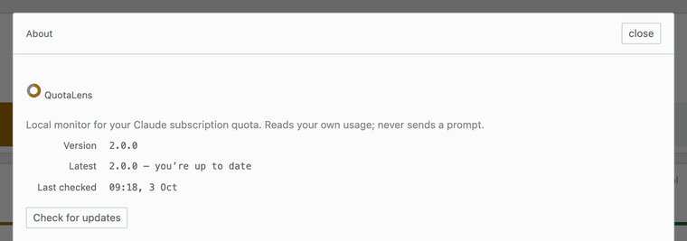 The About dialog: QuotaLens version 2.0.0, latest 2.0.0, you're up to date, last checked 09:18 on 3 Oct, and a Check for updates button, light theme.