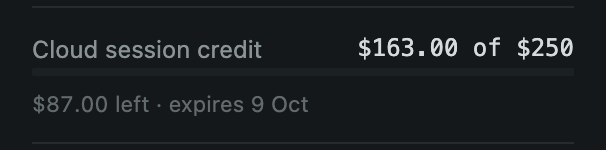 Cloud session credit, demo data: $163.00 of $250, $87.00 left, expires 9 Oct, dark theme.