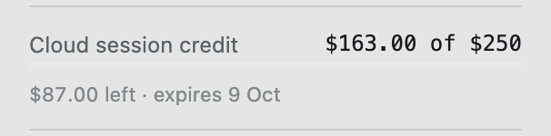 Cloud session credit, demo data: $163.00 of $250, $87.00 left, expires 9 Oct, light theme.